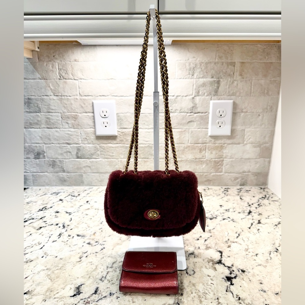 Coach EUC Burgundy Faux Fur Shoulder/Crossbody Bag + Matching Leather Wallet